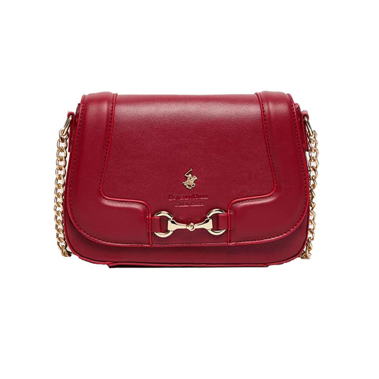 Beverly Hills Polo Club Embellished Crossbody Bag with Flap Closure and Adjustable Strap - Red