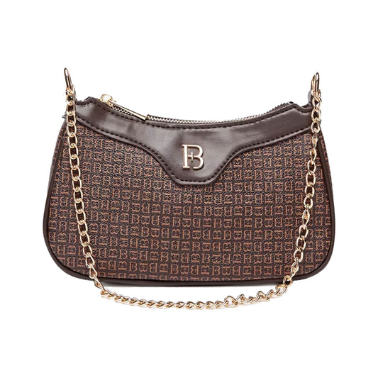 Flora Bella Monogram Print Shoulder Bag with Zip Closure and Chain Strap - Brown