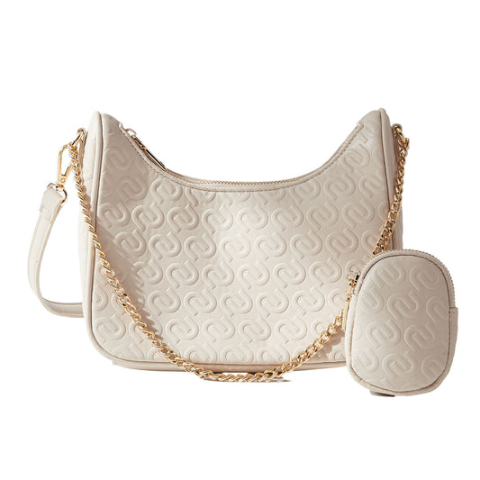 Max Fashion Embossed Crossbody Bag with Zip Closure and Attached Pouch - Cream